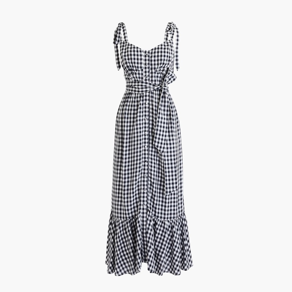 J Crew Navy Gingham button-front midi dress with ruffle hem